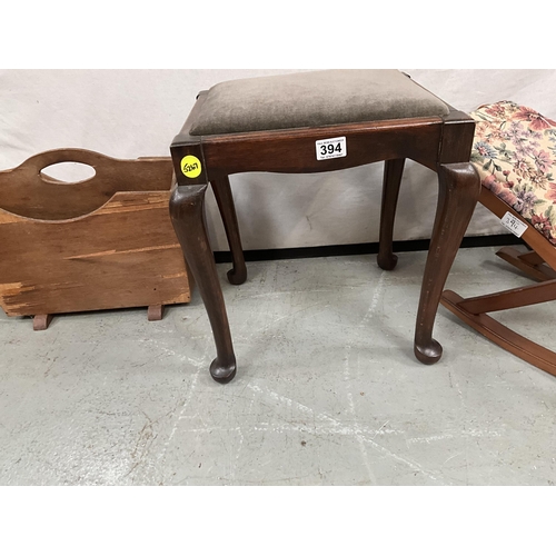 394 - MAHOGANY CABRIOLE LEG BEDROOM STOOL, GOUT STOOL, FOOTSTOOL AND MAGAZINE RACK