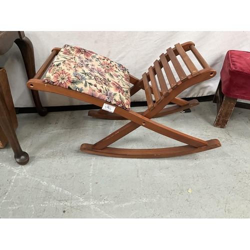 394 - MAHOGANY CABRIOLE LEG BEDROOM STOOL, GOUT STOOL, FOOTSTOOL AND MAGAZINE RACK