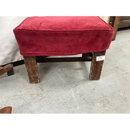 394 - MAHOGANY CABRIOLE LEG BEDROOM STOOL, GOUT STOOL, FOOTSTOOL AND MAGAZINE RACK