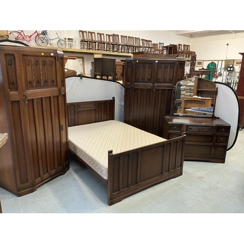 406 - VINTAGE OAK PRIORY STYLE WITH LINEN FOLD DESIGN DECORATION 4 PIECE BEDROOM SUITE TO INCLUDE DOUBLE W... 