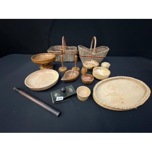 439 - BOX OF BASKETS & TREEN ITEMS