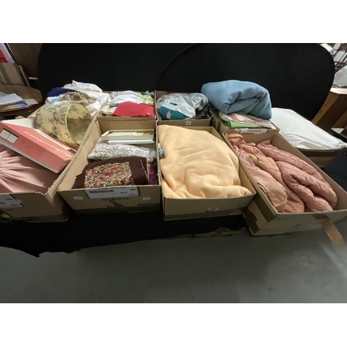 444 - 10 BOXES OF LINEN, BLANKETS, QUILTS, ETC