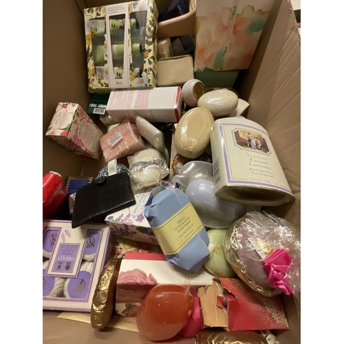 445 - 2 BOXES OF VINTAGE BOXED SOAP, HANDKERCHIEFS ETC