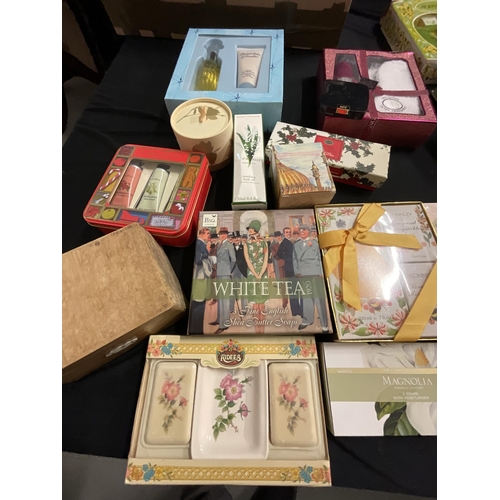 445 - 2 BOXES OF VINTAGE BOXED SOAP, HANDKERCHIEFS ETC