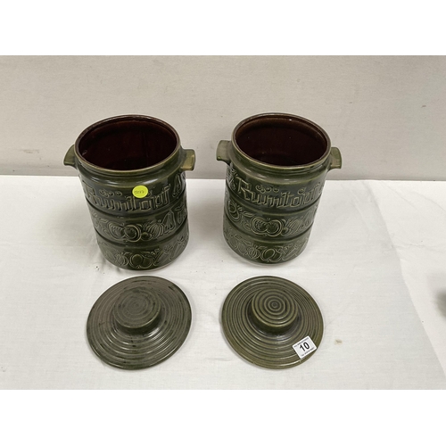 10 - 2 WEST GERMAN POTTERY RUMTOPT JARS WITH COVERS A/F H 13