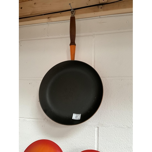 11 - FRENCH CAST IRON LE CREUSET PAN SET COMPLETE WITH LIDS, STAND AND FRYING PAN