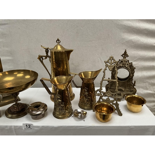 12 - BOX OF VICTORIAN AND LATER BRASSWARE TO INCLUDE TAZZAS, ART DECO COFFEE POT WITH IMPRESSED MARK 188S... 