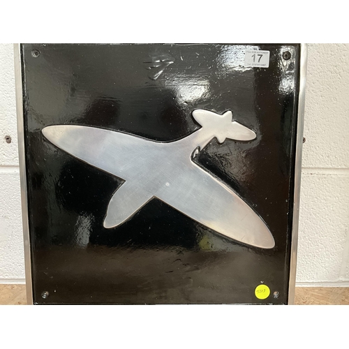 17 - METAL CAST WALL PLATE/PLAQUE DECORATED WITH AEROPLANE 18 X 18