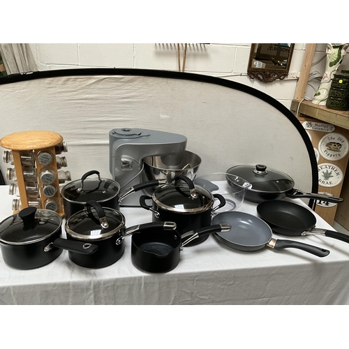 20 - BOX OF KITCHENWARE TO INCLUDE KENWOOD MIXER, STAINLESS STEEL PANS ETC *****KENWOOD MIXER WITHDRAWN**... 