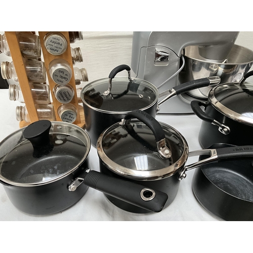 20 - BOX OF KITCHENWARE TO INCLUDE KENWOOD MIXER, STAINLESS STEEL PANS ETC *****KENWOOD MIXER WITHDRAWN**... 