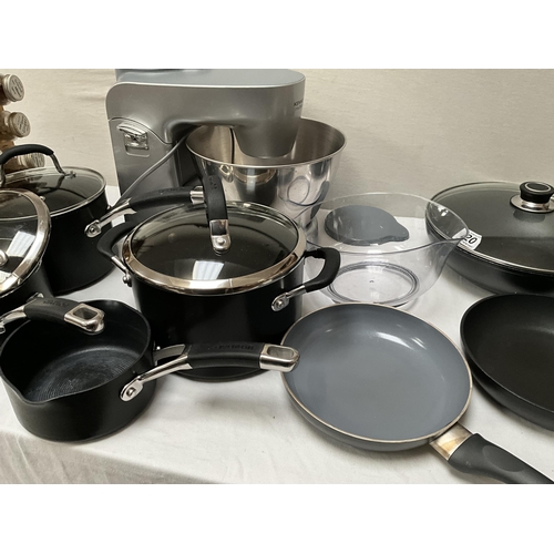 20 - BOX OF KITCHENWARE TO INCLUDE KENWOOD MIXER, STAINLESS STEEL PANS ETC *****KENWOOD MIXER WITHDRAWN**... 