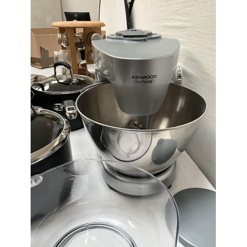 20 - BOX OF KITCHENWARE TO INCLUDE KENWOOD MIXER, STAINLESS STEEL PANS ETC *****KENWOOD MIXER WITHDRAWN**... 