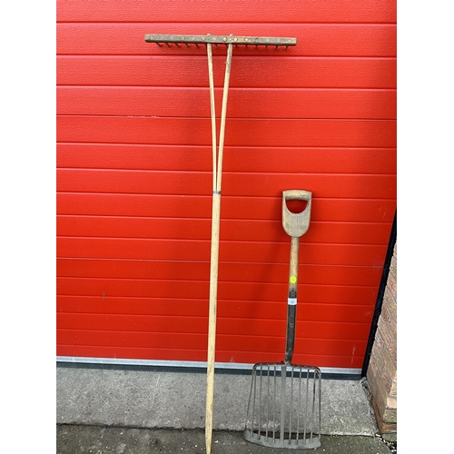 4 - VINTAGE STAMPED BRADES BEET FORK - WORMED TO HANDLE AND HAY RAKE