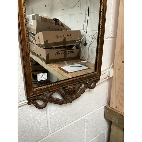 8 - EARLY GILT FRAMED WALL MIRROR WITH RAMS HEAD AND GRECIAN URN AND RIBBON GILT DECORATION 56 X 16