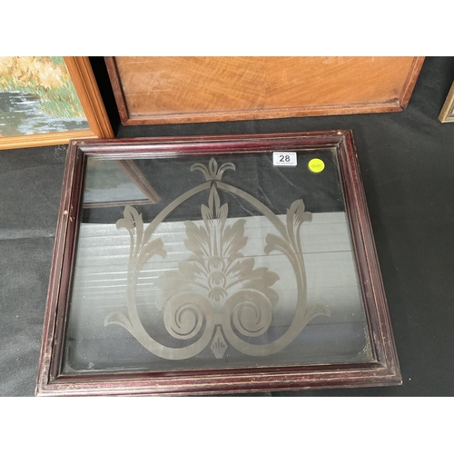 28 - 2 FRAMED PICTURES, SORRENTO WARE TRAY, ETCHED GLASS PUBLIC HOUSE WINDOW PANE - LARGEST 22 X 18