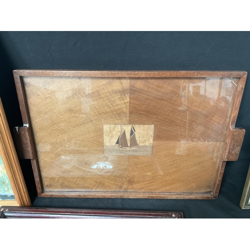 28 - 2 FRAMED PICTURES, SORRENTO WARE TRAY, ETCHED GLASS PUBLIC HOUSE WINDOW PANE - LARGEST 22 X 18