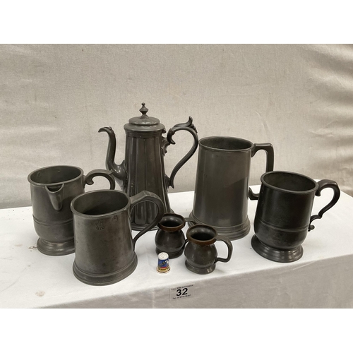 32 - BOX OF PEWTER ITEMS TO INCLUDE COFFEE POTS AND TANKARDS