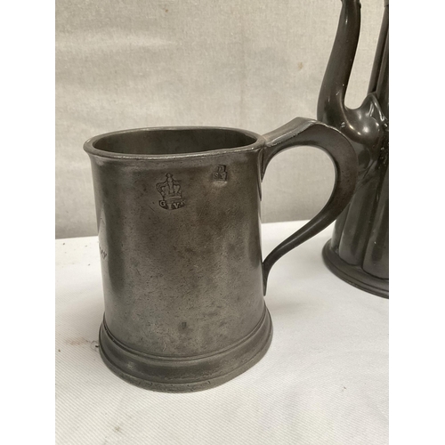 32 - BOX OF PEWTER ITEMS TO INCLUDE COFFEE POTS AND TANKARDS