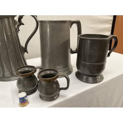 32 - BOX OF PEWTER ITEMS TO INCLUDE COFFEE POTS AND TANKARDS