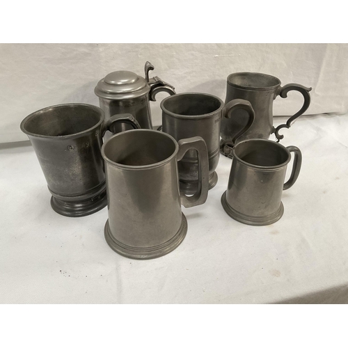 32 - BOX OF PEWTER ITEMS TO INCLUDE COFFEE POTS AND TANKARDS