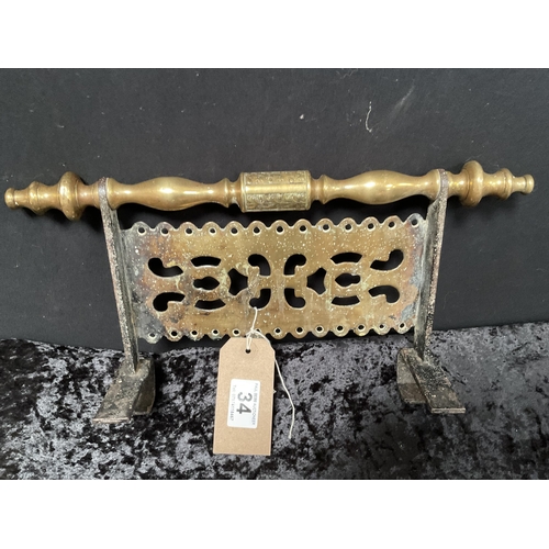 34 - VICTORIAN BRASS FIRE TRIVET, SMALL ANVIL AND 2 BELLS