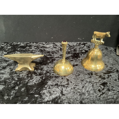 34 - VICTORIAN BRASS FIRE TRIVET, SMALL ANVIL AND 2 BELLS