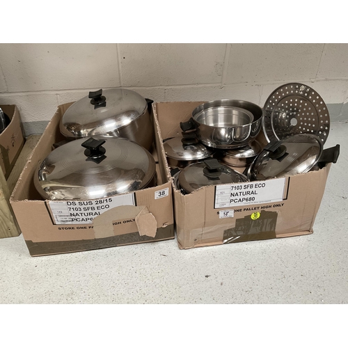 38 - 2 BOXES OF STAINLESS STEEL COOKING PANS