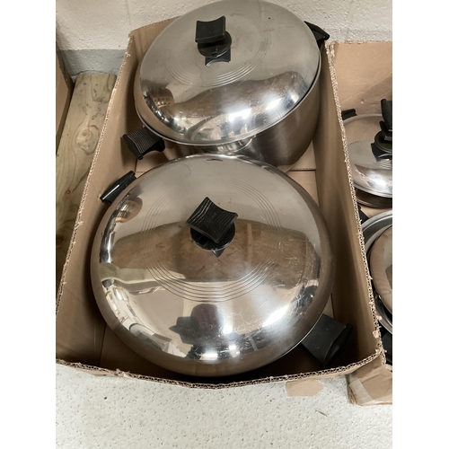 38 - 2 BOXES OF STAINLESS STEEL COOKING PANS