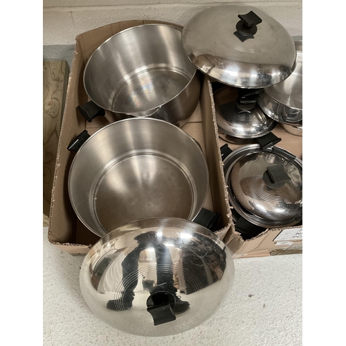 38 - 2 BOXES OF STAINLESS STEEL COOKING PANS