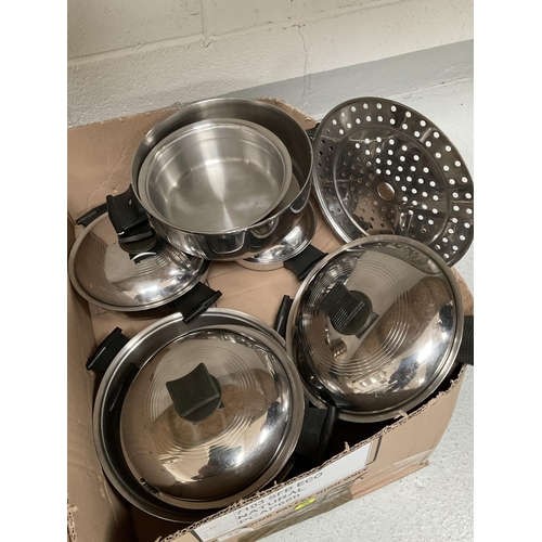 38 - 2 BOXES OF STAINLESS STEEL COOKING PANS