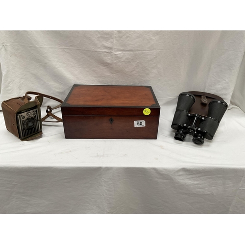 50 - VICTORIAN MAHOGANY BOX, BOX BROWNIE CAMERA AND A SET OF PRINZ BINOCULARS IN CASE