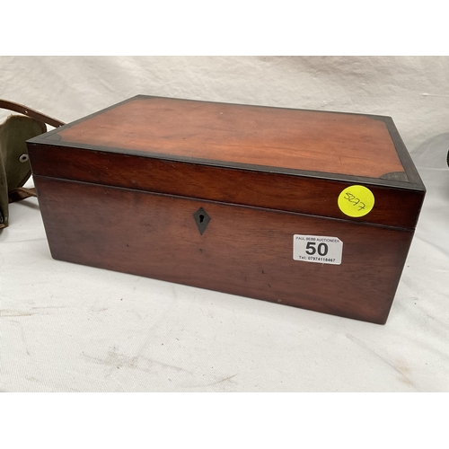 50 - VICTORIAN MAHOGANY BOX, BOX BROWNIE CAMERA AND A SET OF PRINZ BINOCULARS IN CASE