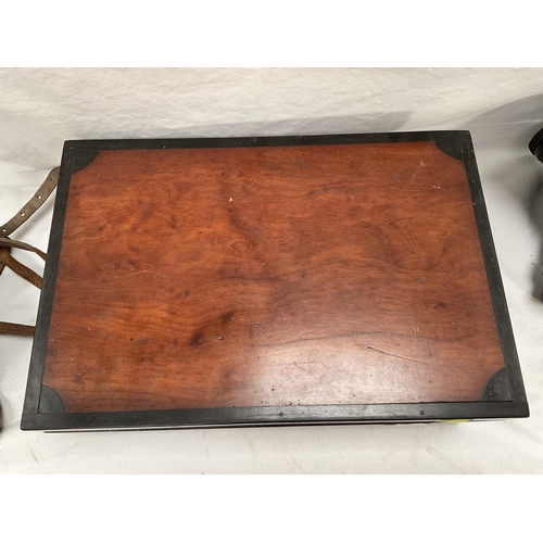 50 - VICTORIAN MAHOGANY BOX, BOX BROWNIE CAMERA AND A SET OF PRINZ BINOCULARS IN CASE