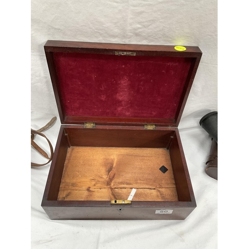 50 - VICTORIAN MAHOGANY BOX, BOX BROWNIE CAMERA AND A SET OF PRINZ BINOCULARS IN CASE