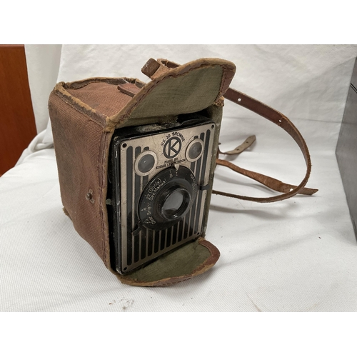 50 - VICTORIAN MAHOGANY BOX, BOX BROWNIE CAMERA AND A SET OF PRINZ BINOCULARS IN CASE