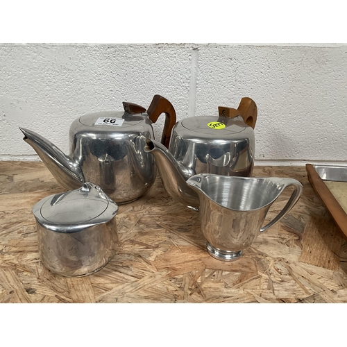 66 - VINTAGE PICQUOT WARE COFFEE POTS, TEAPOTS SUGAR AND MILK COMPLETE WITH TRAY