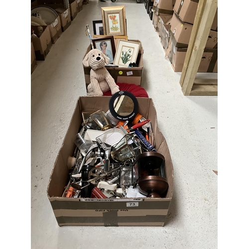 73 - BOX OF CUTLERY AND BOX OF PICTURES ETC