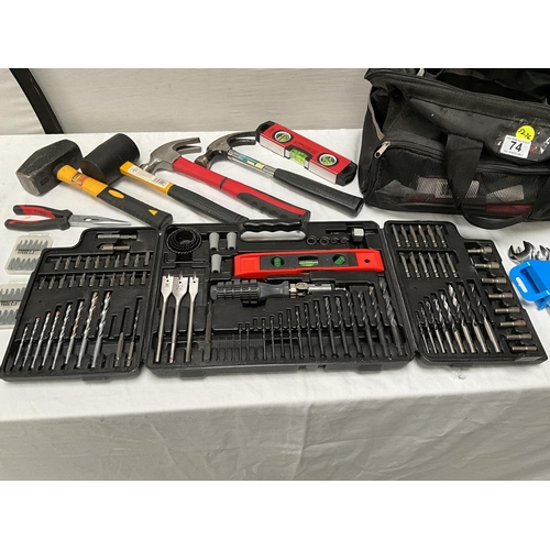 74 - TOOL BAG AND TOOLS TO INCLUDE DRILL KIT ETC