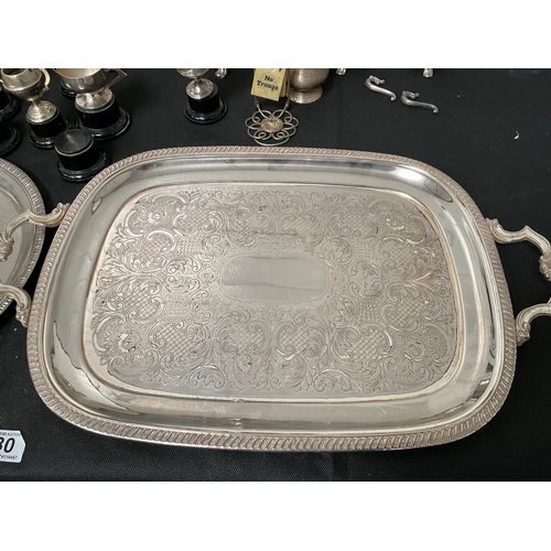 80 - BOX OF SILVER PLATED ITEMS TO INCLUDE TROPHIES SERVING TRAYS ETC