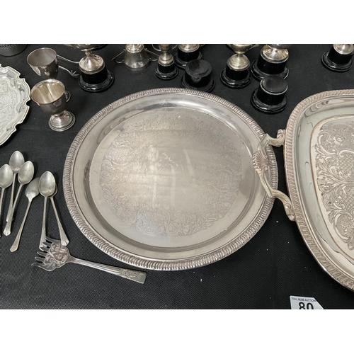 80 - BOX OF SILVER PLATED ITEMS TO INCLUDE TROPHIES SERVING TRAYS ETC