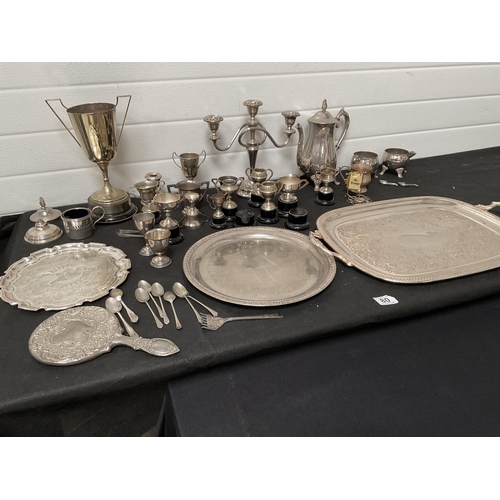 80 - BOX OF SILVER PLATED ITEMS TO INCLUDE TROPHIES SERVING TRAYS ETC