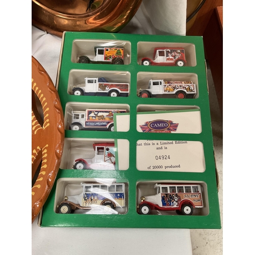 92 - BOX OF AYNSLEY PLAQUES, COPPER PLAQUES, WOODEN BOWL AND MODEL VEHICLE COLLECTION