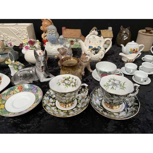 96 - 2 BOXES OF CHINA TO INCLUDE BESWICK FIGURES, DOLLS HOUSE CHINA, COLLECTORS TEAPOT ETC