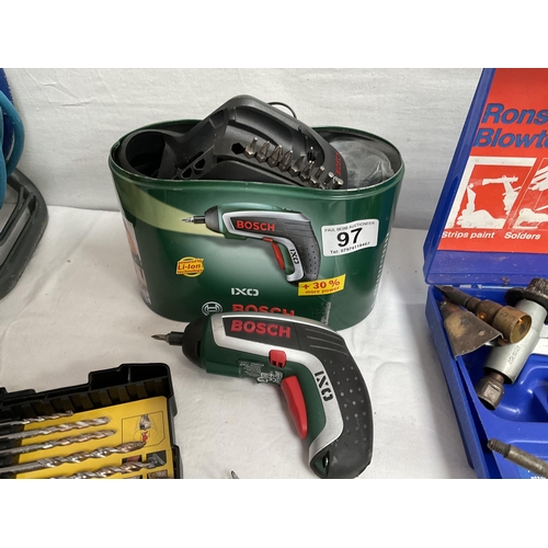 97 - BOX OF TOOLS TO INCLUDE EXTENSION CABLES, BOSCH RECHARGEABLE DRILL ETC