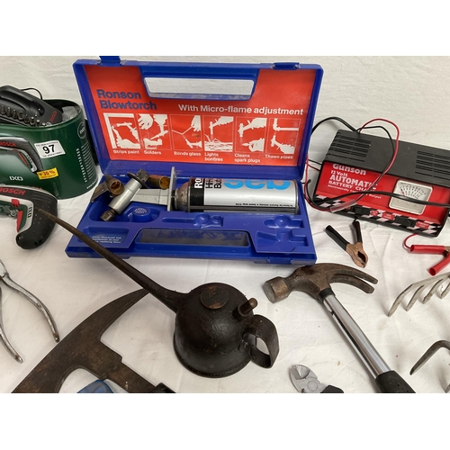 97 - BOX OF TOOLS TO INCLUDE EXTENSION CABLES, BOSCH RECHARGEABLE DRILL ETC