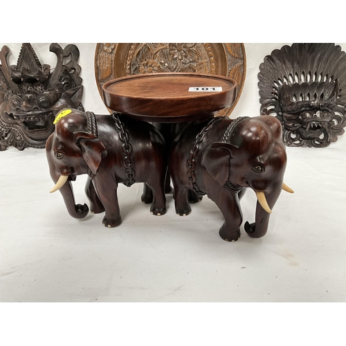 101 - CARVED MAHOGANY ELEPHANT PEDESTAL TABLE CENTRE PIECE, 2 CARVED ORIENTAL MASKS, CARVED PLATE