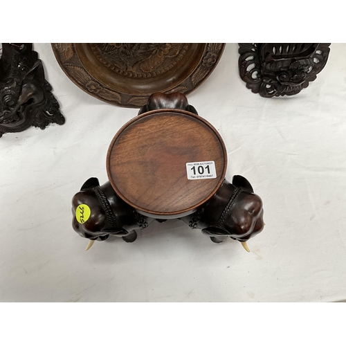 101 - CARVED MAHOGANY ELEPHANT PEDESTAL TABLE CENTRE PIECE, 2 CARVED ORIENTAL MASKS, CARVED PLATE