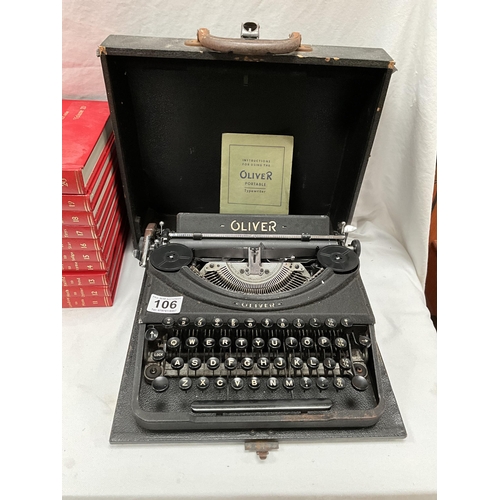 106 - BOX OF ENCYCLOPEDIA'S AND VINTAGE OLIVER PORTABLE TYPEWRITER