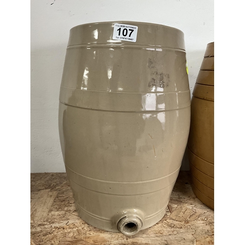 107 - 2 VINTAGE EARTHENWARE BARRELS H 17