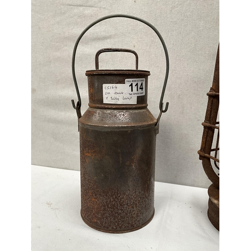 114 - SMALL VINTAGE MILK CHURN AND A HURRICANE LAMP